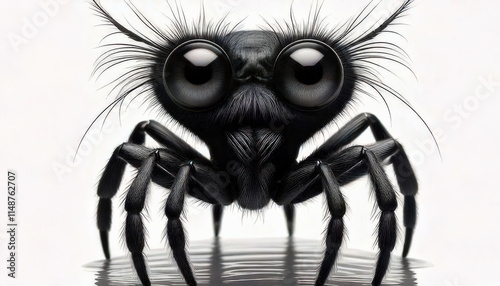 Charming anthropomorphic water spider, highly detailed and realistic, with delicate facial features, shimmering eyes, glossy legs, and aquatic elements in the background.