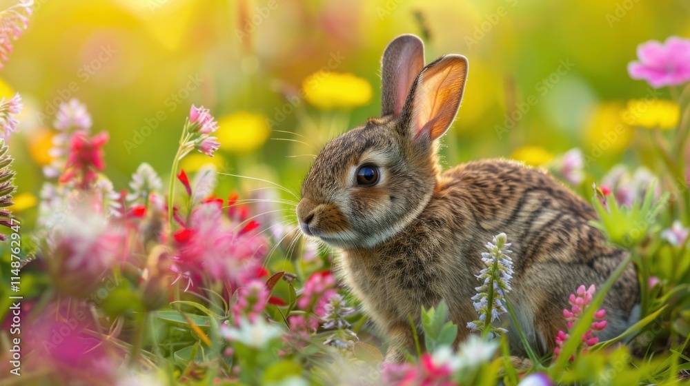Fototapeta premium Wild rabbits Rabbit two (Oryctolagus cuniculus) juvenile baby animal amongst flowers on grassland, Suffolk, England, United Kingdom Many colorful flowers, beautiful