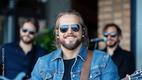 Smiling male musician with bandmates in background. photo