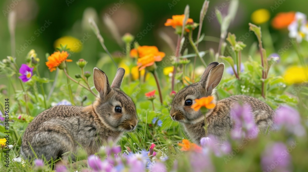 Wild rabbits Rabbit two (Oryctolagus cuniculus) juvenile baby animal amongst flowers on grassland, Suffolk, England, United Kingdom Many colorful flowers, beautiful Wild rabbits Rabbit two (Oryctolagus cuniculus) juvenile baby animal amongst flowers on grassland, Suffolk, England, United Kingdom Many colorful flowers, beautiful
