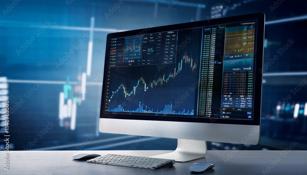 Trading monitor with high resolution stock chart screen showing various technical indicators and candlestick patterns Trading monitor with high resolution stock chart screen showing various technical indicators and candlestick patterns