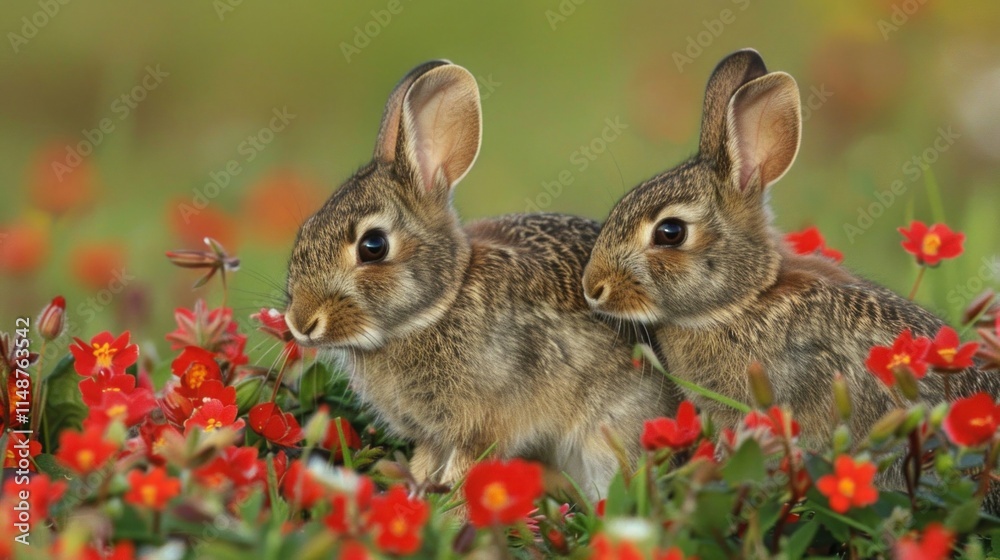 Fototapeta premium Wild rabbits Rabbit two (Oryctolagus cuniculus) juvenile baby animal amongst flowers on grassland, Suffolk, England, United Kingdom Many colorful flowers, beautiful