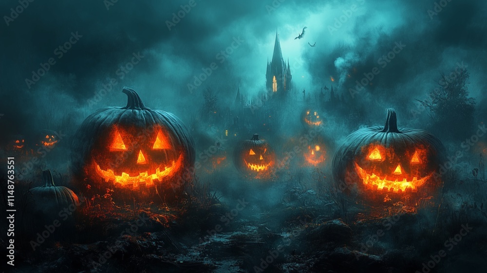 Fototapeta premium Haunted Forest with Glowing Jack-o'-Lanterns and Spooky Castle