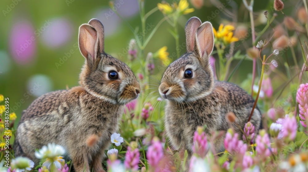 Fototapeta premium Wild rabbits Rabbit two (Oryctolagus cuniculus) juvenile baby animal amongst flowers on grassland, Suffolk, England, United Kingdom Many colorful flowers, beautiful