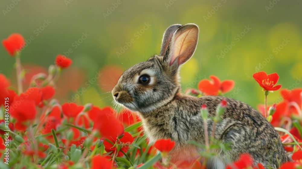 Fototapeta premium Wild rabbits Rabbit two (Oryctolagus cuniculus) juvenile baby animal amongst flowers on grassland, Suffolk, England, United Kingdom Many colorful flowers, beautiful