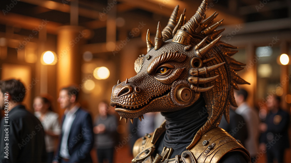 Mechanical dragon head in a vibrant indoor setting Mechanical dragon head in a vibrant indoor setting