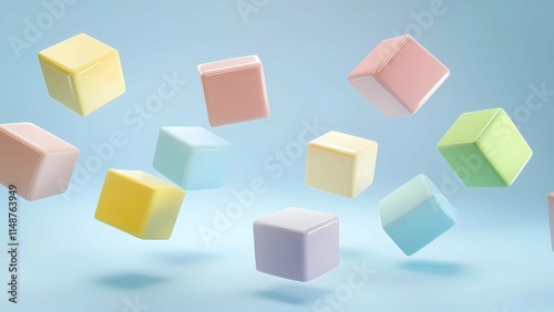 A kaleidoscope of pastel-hued cubes, suspended in a serene, ethereal space. A visual feast for the eyes.