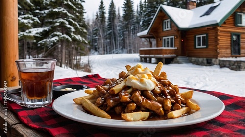 Cozy winter day enjoying traditional poutine in a rustic Quebecois chalet surrounded by snow-covered pine trees