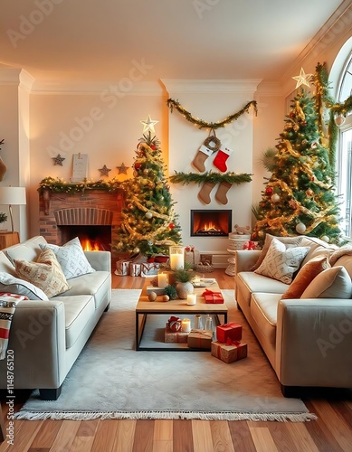 Warm and Festive Lounge Interior with Complete Christmas Decor