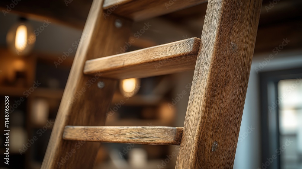 Detailed macro shot of a sturdy wooden ladder in a cozy indoor setting Detailed macro shot of a sturdy wooden ladder in a cozy indoor setting