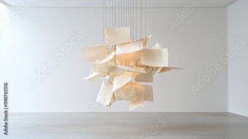 Abstract art installation of suspended papers.