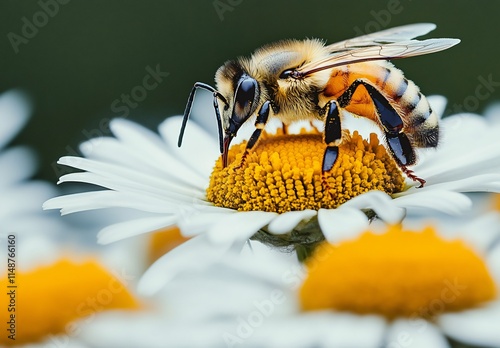 Macro Photography of Honeybee on Daisy Flower photo