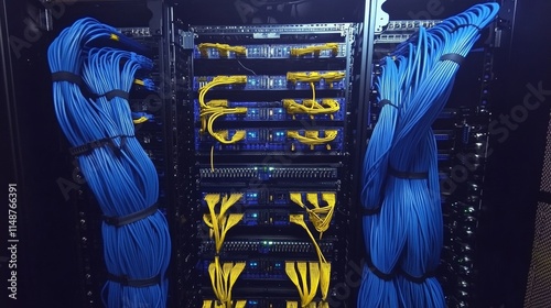 A close-up photo of a server rack with numerous blue and yellow cables neatly organized and secured using cable ties. The cables are connected to various ports on the server rack.