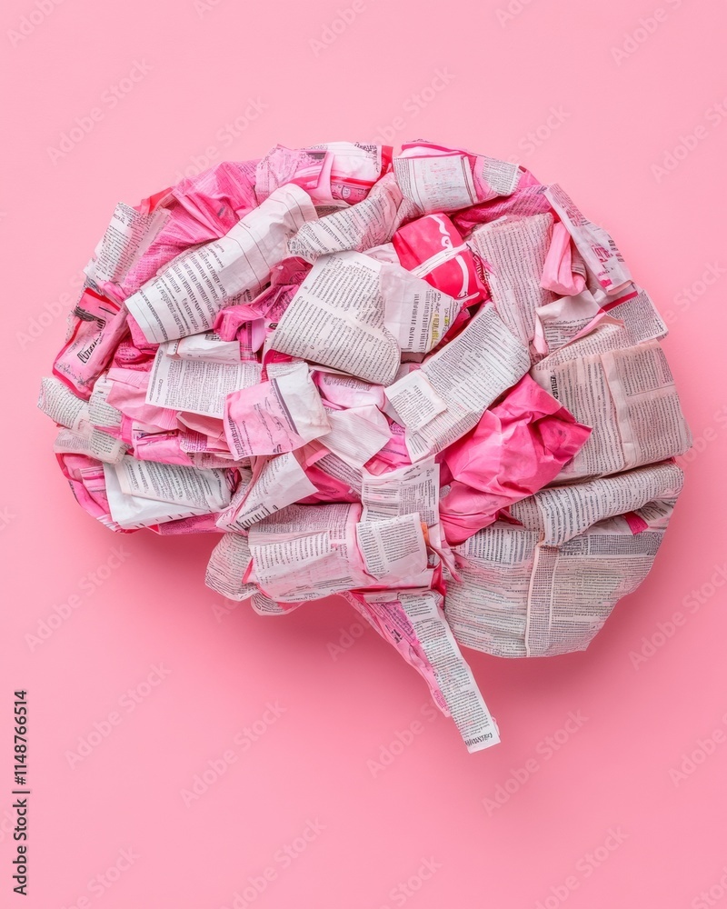 Vibrant Newspaper Brain Sculpture Eye-Catching Valentines Day Concept Art Vibrant Newspaper Brain Sculpture Eye-Catching Valentines Day Concept Art