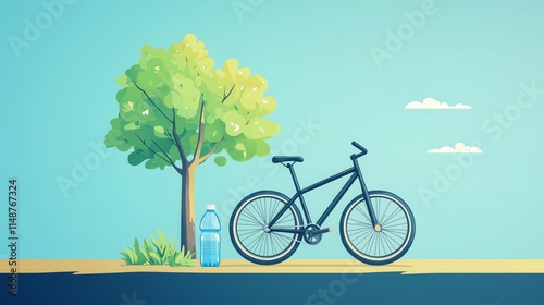 Minimalist illustration of a bicycle with a water bottle under a tree on a sunny day, perfect for cycling and outdoor themes. photo