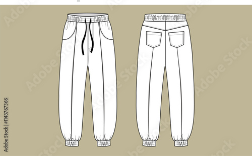 Technical Fashion Flat sketch ladies jogger vector template . front and back view.