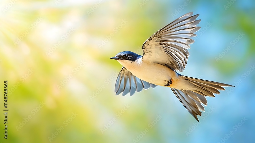 Fototapeta premium Small bird in flight, wings spread wide, sunny bokeh background.