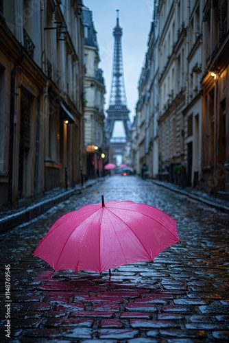Pink umbrella on cobblestone street with Eiffel Tower in view