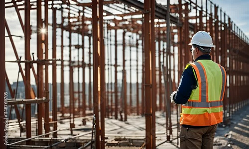 Construction Worker Surveys Steel Structure Progress at a Modern Building Site Under a Bright Sunny Sky: A Detailed Look at Urban Construction and Development