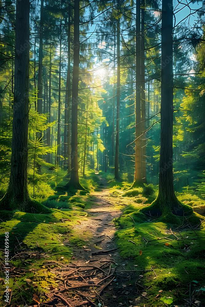 Fototapeta premium Serene Forest Pathway: A Tranquil Walk through Sunlit Pine Trees and Verdant Greenery