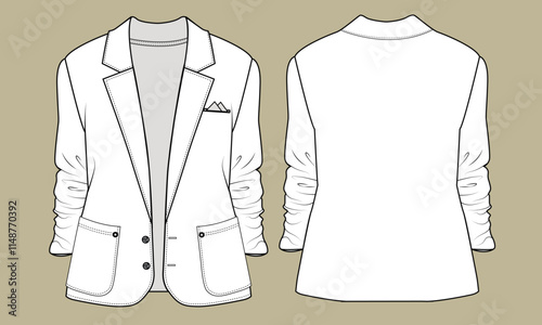 Blazer jacket technical fashion illustration and template. front and back view. Regular fit. CAD mockup.