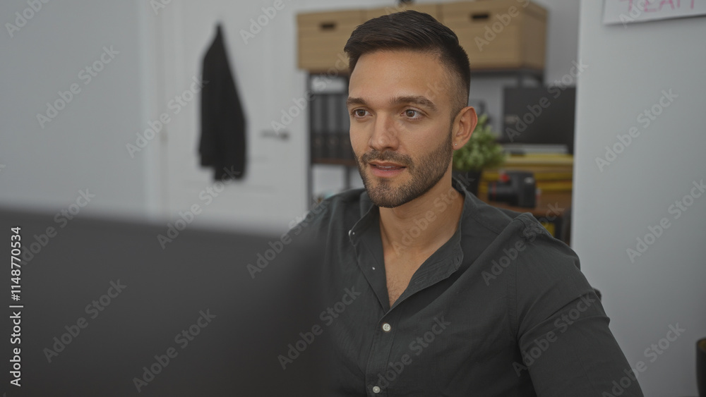 Obraz premium A young hispanic handsome man with a beard is sitting in an office, focusing intently while working indoors.