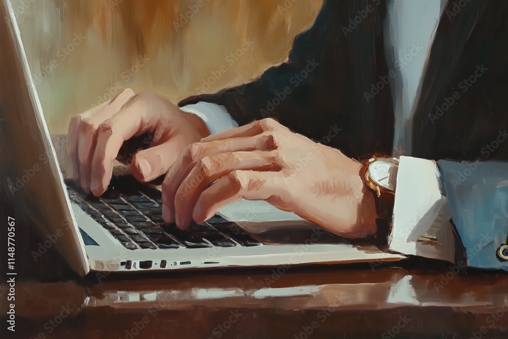 Obraz premium A close-up of hands typing on a laptop keyboard in an office environment, representing work or productivity.