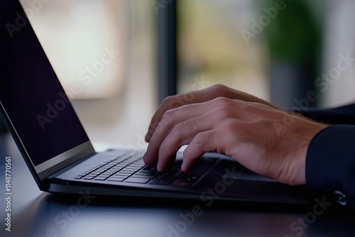 A close-up of hands typing on a laptop keyboard in an office environment, representing work or productivity.