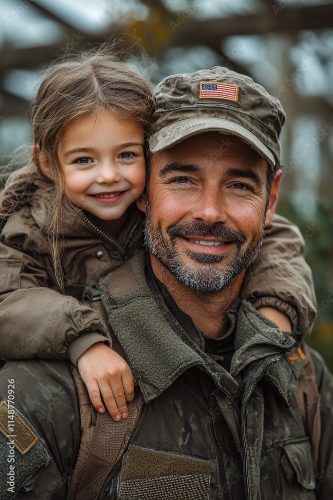 Smiling military father with happy daughter in outdoor portrait Smiling military father with happy daughter in outdoor portrait
