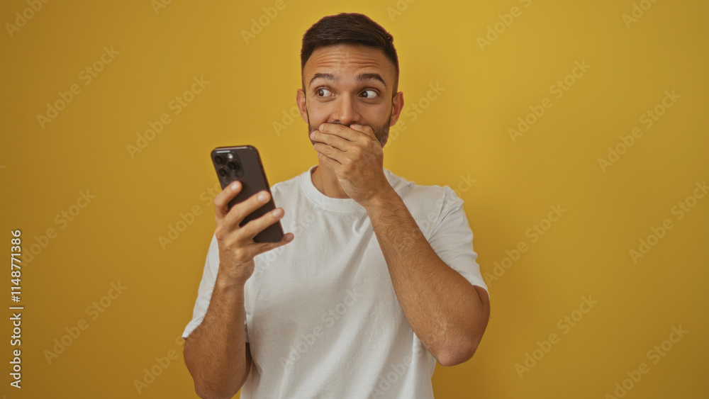 Handsome young hispanic man with a beard in a white t-shirt, holding a smartphone with a surprised expression, isolated against a vibrant yellow background. Handsome young hispanic man with a beard in a white t-shirt, holding a smartphone with a surprised expression, isolated against a vibrant yellow background.