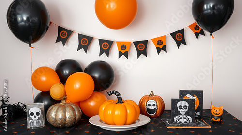 Halloween party decorations: black and orange balloons, banner, pumpkins, and skeleton figurines on a table photo