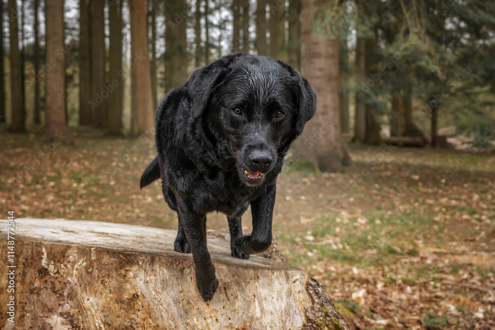 Black Labrador Retriever at Virginia Water on a tree stump in the forest Black Labrador Retriever at Virginia Water on a tree stump in the forest