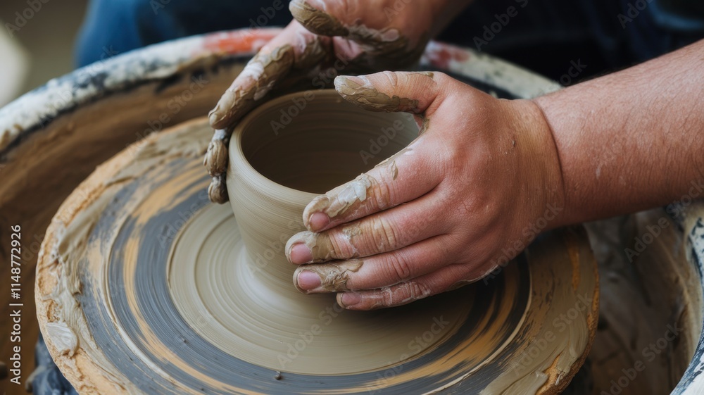 The hands of a potter who does the work of making a homemade clay bowl. Space for the text. The hands of a potter who does the work of making a homemade clay bowl. Space for the text.