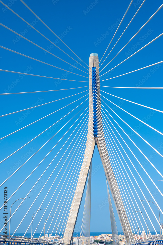 View on cable-stayed bridge with high pylons across the Bay of Cadiz, linking Cadiz with Puerto Real in mainland Spain
