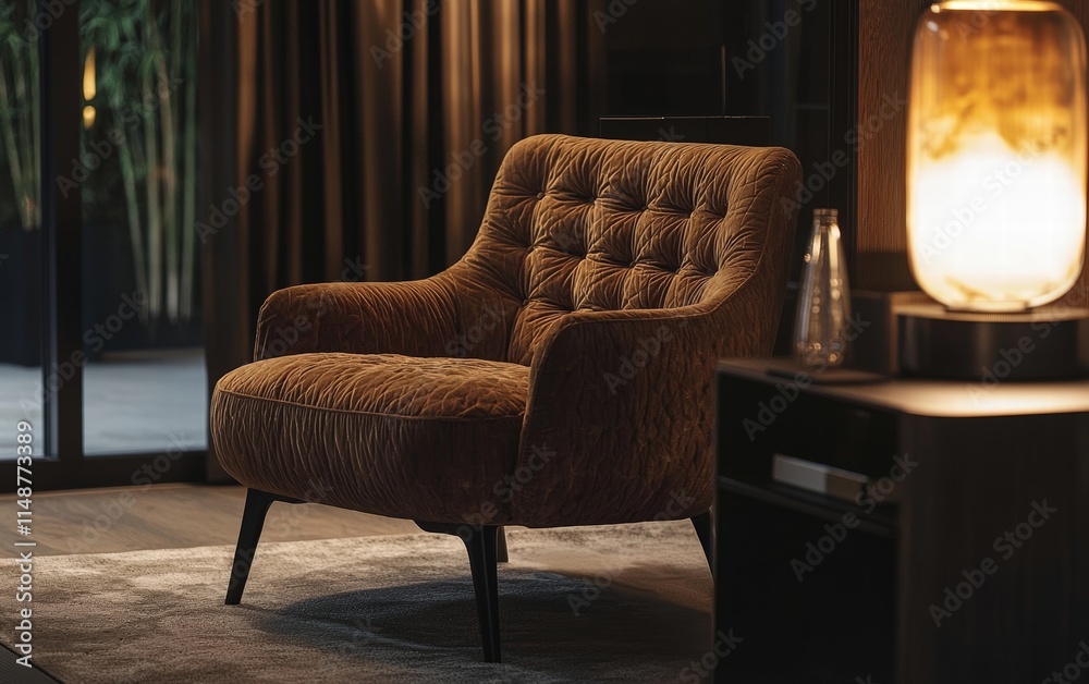 Chic padded chair in a cozy modern setting with warm lighting Chic padded chair in a cozy modern setting with warm lighting