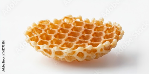 A bubble waffle shown from the side, with deep golden tones and intricate texture, isolated on white photo