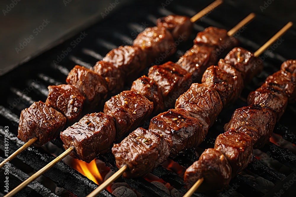 Tenderloin offers tender beef meat. Grilled skewers of marinated beef on a barbecue grill. Tenderloin offers tender beef meat. Grilled skewers of marinated beef on a barbecue grill.