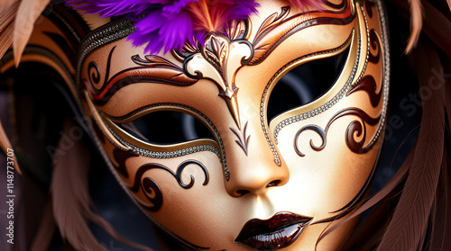 Ornate Venetian mask with gold, brown, and purple details photo