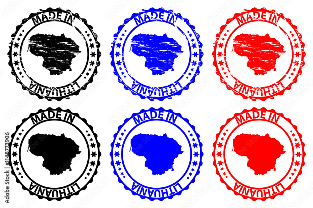 Made in Lithuania - rubber stamp - vector, Lithuania map pattern - black, blue and red Made in Lithuania - rubber stamp - vector, Lithuania map pattern - black, blue and red