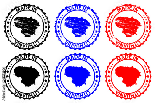Made in Lithuania - rubber stamp - vector, Lithuania map pattern - black, blue and red