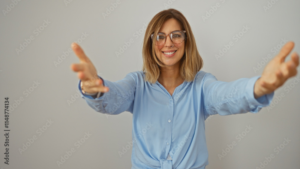 Blonde woman smiling with outstretched arms over white background in a welcoming gesture