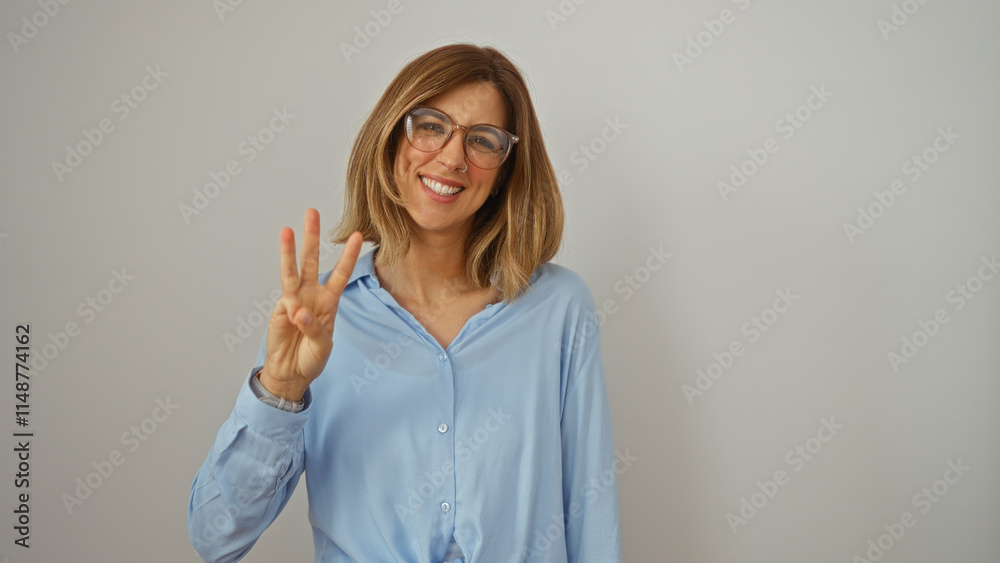 Blonde woman smiling and showing three fingers in front of isolated white background while wearing glasses and light blue shirt