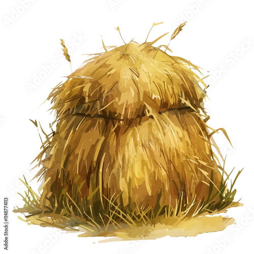 A watercolor drawing of a summer haystack under a clear sky, isolated on a white background. Haystack vector.
