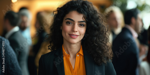 portrait of a teen businesswoman in night function with smile face and curly hair blur background face to camera with confident  photo