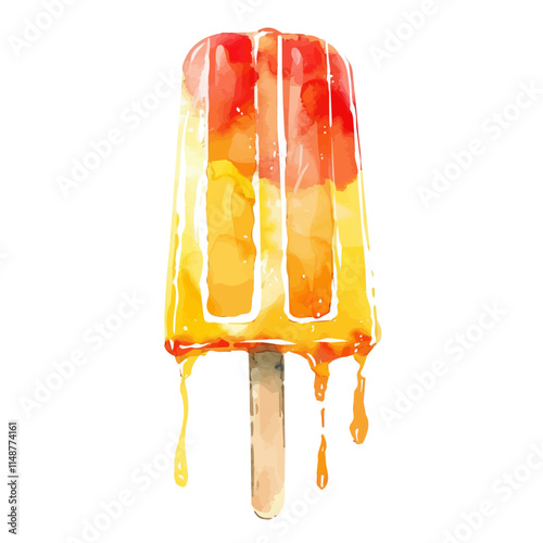 A watercolor vector of a summer ice pop melting in the sun, isolated on a white background. Ice pop vector.
