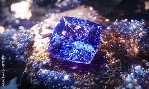 Radiant square tanzanite gem on mineral surface.
