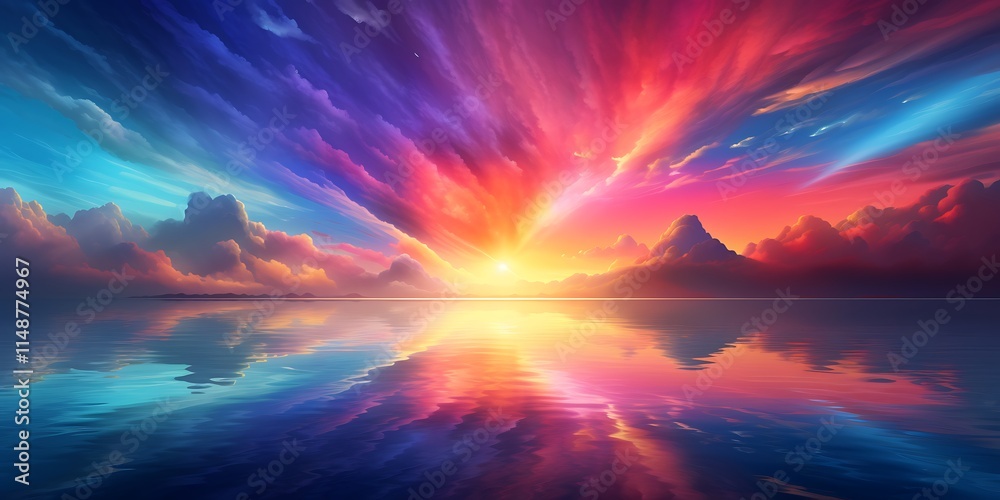Fototapeta premium Vibrant Sunset Over Serene Ocean Mountainscape