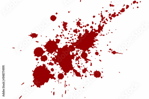 Blood splatter, red paint splashes, crimson droplets, white background, high contrast, violent speckles, crime scene, abstract expressionism, visceral imagery, macabre art, dramatic splatters, forensi