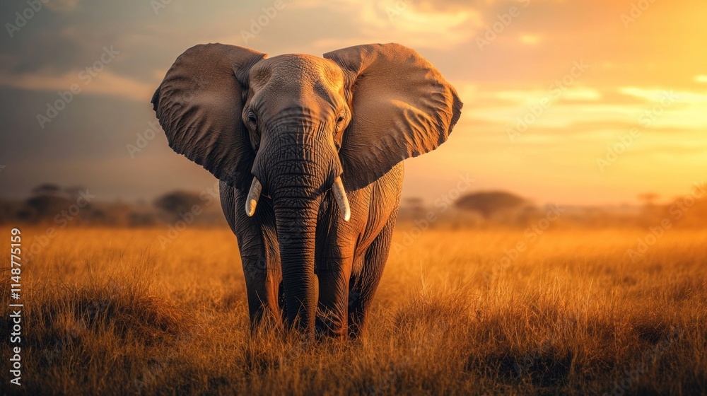 Fototapeta premium Elephant in the African Savannah at Sunset