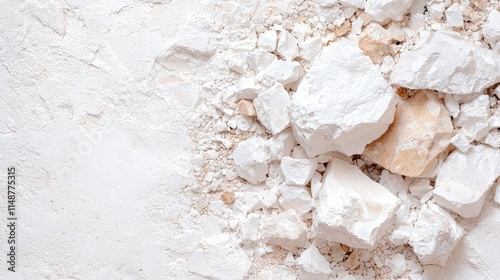 Close-up of white and beige kaolin clay chunks and powder.